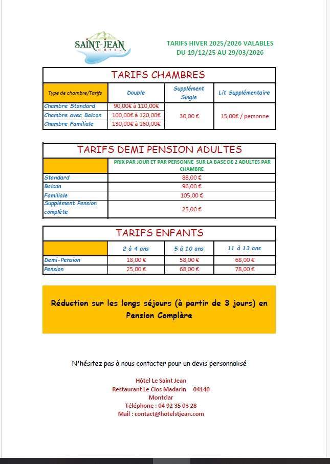 tarifs hiver 2025 2026